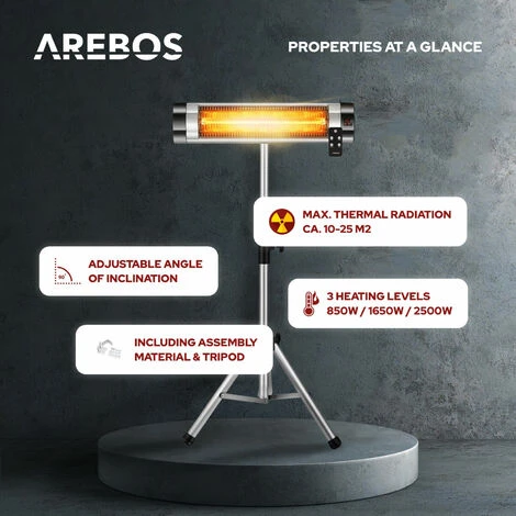 AREBOS Infrared Radiant Heater 2500 W With Remote Control And Height Adjustable Stand - Radiant Heater Mushroom - Silver 5 AREBOS Infrared Radiant Heater 2500 W With Remote Control And Height Adjustable Stand - Radiant Heater Mushroom - Silver - Image 3