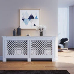 ELEGANT Radiator Cover Extra Large Modern Cross Slat White Painted Cabinet Radiator Shelves For Living Room/Bedroom/Kitchen, EXTRA LARGE