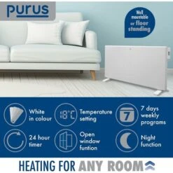 Purus 1800W Eco Panel Heater Bathroom Safe Setback Timer Wall Mounted Lot 20 Low Energy Electric Heater -Heating Equipment 17064183 2