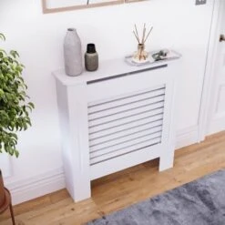 Milton Radiator Cover MDF Modern Cabinet Slatted Grill, White, Small -Heating Equipment 17767177 4