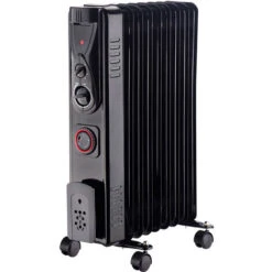 NRG 9 Fin Oil Filled Radiator Electric Heaters With 24 Hour Timer Safety Thermal Cut Off 2KW Black