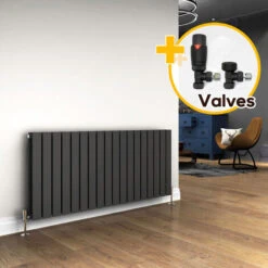 ELEGANT 600 X 1360 Mm Anthracite Designer Radiator Horizontal Column Radiator Heater Double Flat Panel + Anthracite Thermostatic Radiator Valves