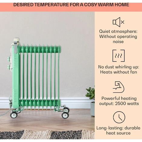 Klarstein Thermaxx Retroheat Oil Radiator 2500W Floor Rollers Green 4 Klarstein Thermaxx Retroheat Oil Radiator 2500W Floor Rollers Green - Image 2