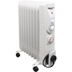 White Oil Filled Radiator Portable Electric Heater Thermostat 9 Fin 2000W With Timer