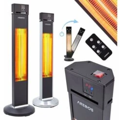 AREBOS Infrared Radiant Heater 2000 W With Remote Control IP34 Protection Low-Glare Technology 3 Heat Settings Black