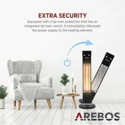 AREBOS Infrared Radiant Heater 2000 W With Remote Control IP34 Protection Low-Glare Technology 3 Heat Settings Black -Heating Equipment 64917896 3