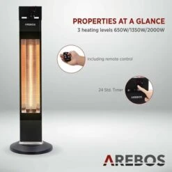 AREBOS Infrared Radiant Heater 2000 W With Remote Control IP34 Protection Low-Glare Technology 3 Heat Settings Black -Heating Equipment 64917896 4