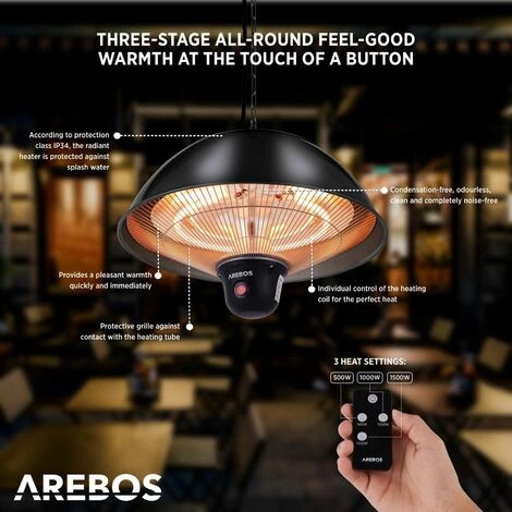 AREBOS Radiant Ceiling Heater 1.500 W Incl. Remote Control Black 3 Heat Settings Balcony Heater Tent Heater Electric Patio Heater 5 AREBOS Radiant Ceiling Heater 1.500 W Incl. Remote Control Black 3 Heat Settings Balcony Heater Tent Heater Electric Patio Heater - Image 3