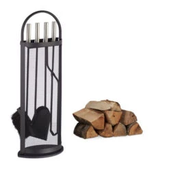Relaxdays 5-Piece Fireplace Companion Set Steel Utility Accessories, Modern, Stand, Tongs, Shovel, Poker & Broom, Black