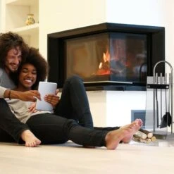 Relaxdays Stainless Steel Fireplace Companion Set, 5-Piece Fire Irons Kit, Stand, Shovel, Broom, Tongs, Poker, Steel, Glass, Silver -Heating Equipment 16118693 3