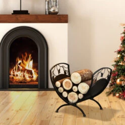 Outsunny Iron Folding Arced Firewood Log Holder Leaf Scroll Panel Indoor Outdoor -Heating Equipment 23723641 3