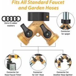 RegeMoudal Hose Splitter 2 Way Garden Hose Splitter, Y Connector Solid Brass Garden Hose Adapter Solid Brass Hose Splitter 2 Valves With 5 Rubber Washers -Heating Equipment 51793052 5