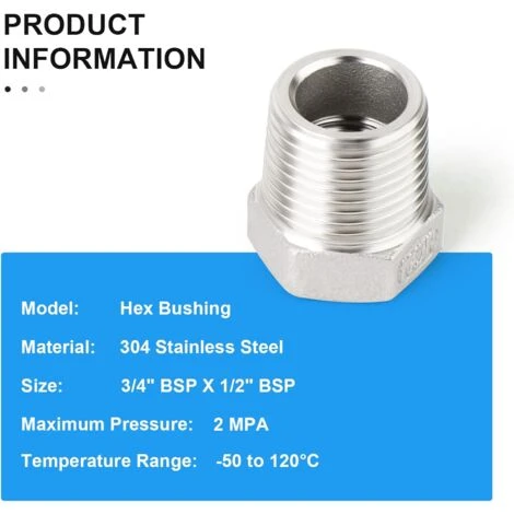 2 Pieces 304 Stainless Steel Reducing Hex Bushing, Male X Female Threaded Fitting,3/4 Female To 1/2 Male BSP Hose Adapter Fitting 4 2 Pieces 304 Stainless Steel Reducing Hex Bushing, Male X Female Threaded Fitting,3/4 Female To 1/2 Male BSP Hose Adapter Fitting - Image 2