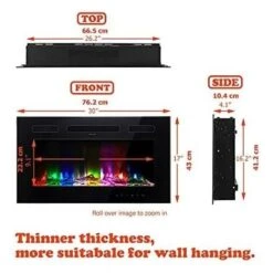 30inch Ultra-Thin Electric Fireplace Low Noise, 12 Variable & Breath Colors Flame, Recessed Wall Mounted Free Standing, Glass Touch Screen & Remote Control, With Crystal And Log Set -Heating Equipment 72268216 3