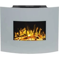 Electric Wall Mounted Heated Fireplace, White, Realistic LED Flame Effect Switchable Fan Heater, Decorative Wooden Thermostat, Gluten Bed, Pebbles