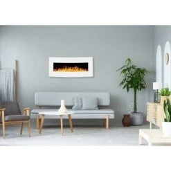 Electric Wall Mounted Heated Fireplace, White, Realistic LED Flame Effect Switchable Fan Heater, Decorative Wooden Thermostat, Gluten Bed, Pebbles -Heating Equipment 76957387 4