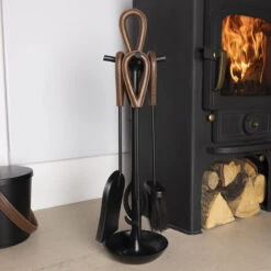 Fig Fireside Companion Set Leather Finished Handles Black Matte Circular Base