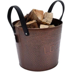 Walnut Small Leather Handled Fireside Wood Bucket Iron Leather Antique Brass -Heating Equipment 77515195 3