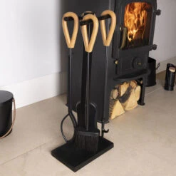 Crabapple Fireside Companion Set Iron Rectangular Base Leather Finish Handles