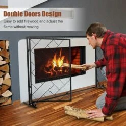 Large Flat 2 Doors Fireplace Screen Gate Large Spark Fire Guard Mesh Protector -Heating Equipment 78900339 3