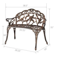 Fitprobo 38.5" Cast Aluminum Metal Park Bench, Outdoor Bench With Floral Rose, Front Porch Outdoor Furniture For Patio, Decorative Park, Lawn, Yard (Copper) -Heating Equipment 99615705 5